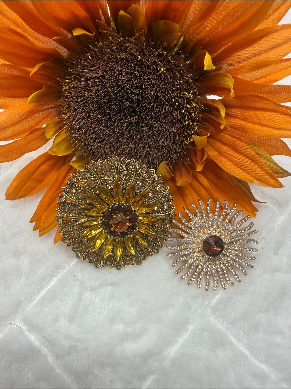Gold and Amber Floral Sunburst Brooch Set - Women Accessories 2 for